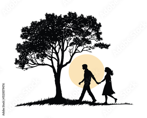Silhouette of Couple Walking Hand in Hand Underneath a Tree