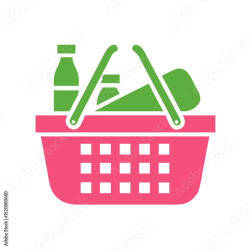 Picnic basket with drinks and food items in colorful design  