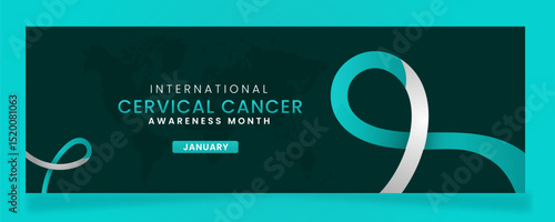 Cervical Cancer Awareness campaign banner with White and teal ribbon symbols on gradient pastel light Teal background.