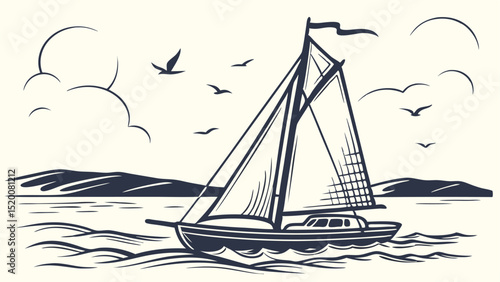 Sailboat sailing illustration vector drawing marine sea ocean nautical boat graphic design art sketch cruise