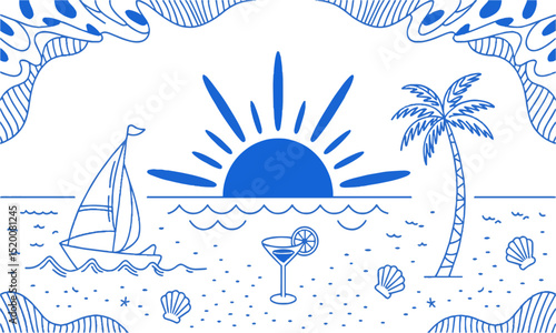 Vector illustration inspired by a hand-drawn beach and summer theme. emulate the playful, loose sketch style with fluid, slightly irregular strokes resembling marker or ink pen lines, easily editable 