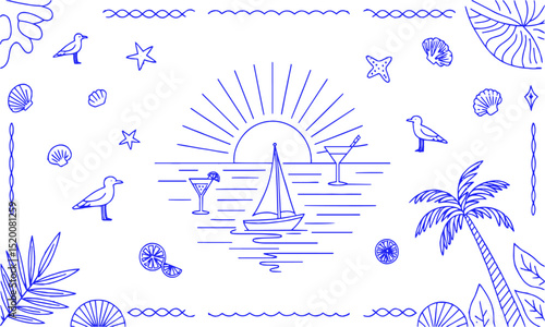 Vector illustration inspired by a hand-drawn beach and summer theme. emulate the playful, loose sketch style with fluid, slightly irregular strokes resembling marker or ink pen lines, easily editable 