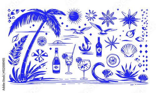 Vector illustration inspired by a hand-drawn beach and summer theme. emulate the playful, loose sketch style with fluid, slightly irregular strokes resembling marker or ink pen lines, easily editable 