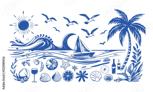 Vector illustration inspired by a hand-drawn beach and summer theme. emulate the playful, loose sketch style with fluid, slightly irregular strokes resembling marker or ink pen lines, easily editable 