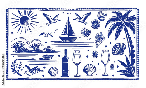 Vector illustration inspired by a hand-drawn beach and summer theme. emulate the playful, loose sketch style with fluid, slightly irregular strokes resembling marker or ink pen lines, easily editable 