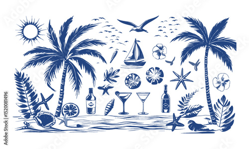 Vector illustration inspired by a hand-drawn beach and summer theme. emulate the playful, loose sketch style with fluid, slightly irregular strokes resembling marker or ink pen lines, easily editable 