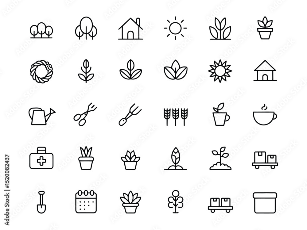Linear Icon Set with Gardening, Planting, Outdoor Elements on Transparent Background Linear Icon Set with Gardening, Planting, Outdoor Elements on Transparent Background