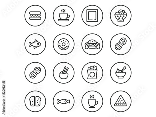 Linear Food Icon Set Coffee, Sandwich, Donut, Burger, Pizza, Fish, Bread, Noodles