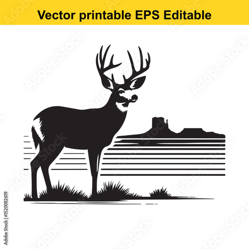 Majestic Mule Deer Buck in Black and White Silhouette with Mountain Landscape