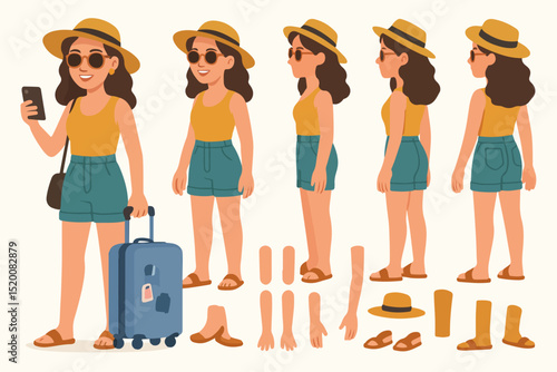 Girl wearing summer clothes holding baggage. Character constructor for animation. Front, side and back view set. Body parts, postures, poses collection. Vector illustration