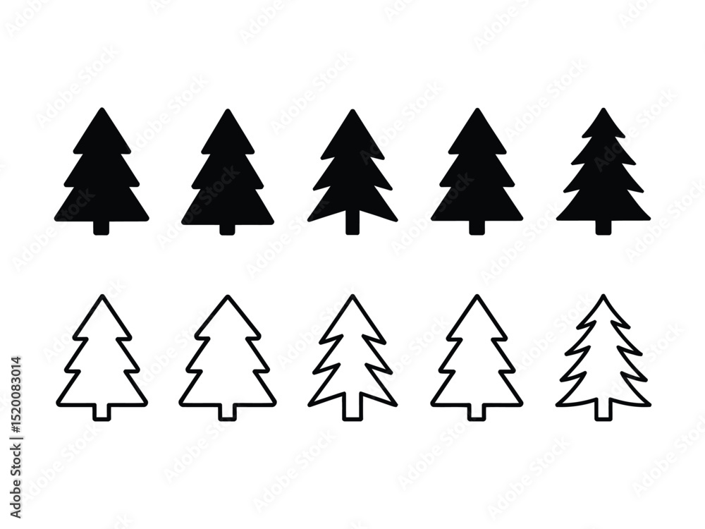 Fototapeta premium Simple Black and Outline Trees, Minimalist Row of Evergreen on Transparent BG