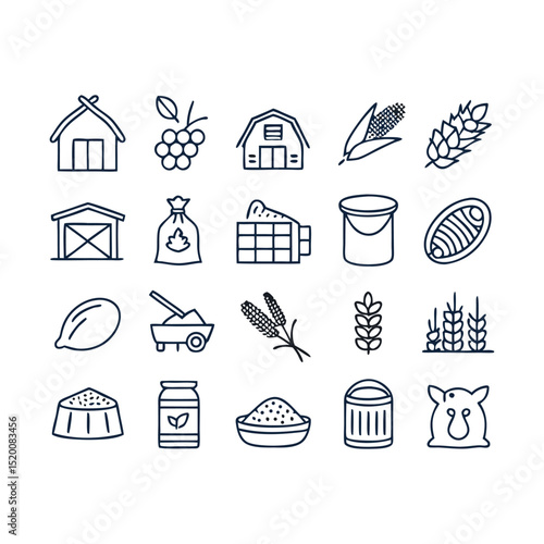 Editable Stroke Animal Feed Icons – 50 Clean Line Vector Icons Representing Farm Nutrition, Bulk Feed, Feed Production, and Livestock Feeding Materials