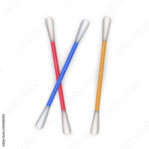 Close-up of cotton swabs arranged vertically for personal hygiene and cleaning