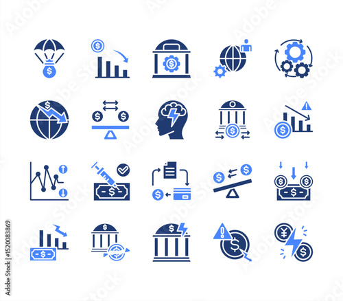 Economy Crisis icon collection set. Containing depressions, economic downturn, financial meltdown, stock marker cash, recession, credit crunch, default, trade war icon. Simple line vector.