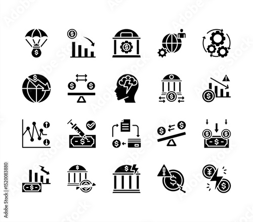 Economy Crisis icon collection set. Containing depressions, economic downturn, financial meltdown, stock marker cash, recession, credit crunch, default, trade war icon. Simple line vector.