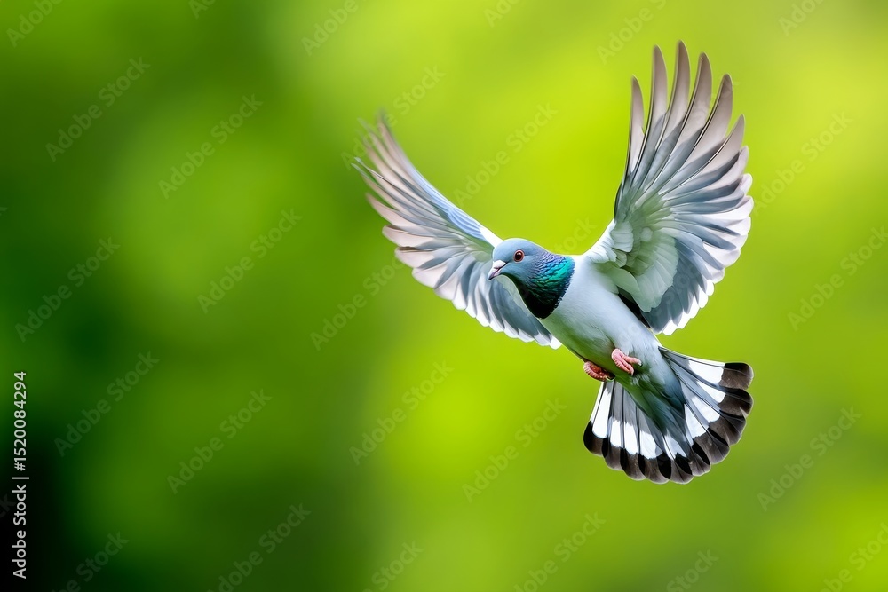 Fototapeta premium Common Wood Pigeon in Flight - A vibrant of a Common Wood Pigeon (Columba palumbus) in flight against a soft green background. Symbolizing freedom, peace, nature, grace, and wildness