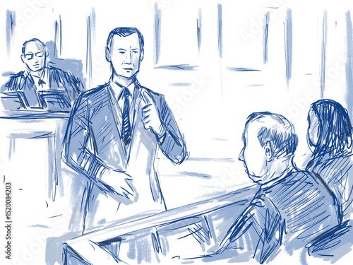 Pastel pencil pen and ink sketch illustration of courtroom trial setting with lawyer of defendant, plaintiff, addressing jury in closing argument in court case in judiciary court of law.
