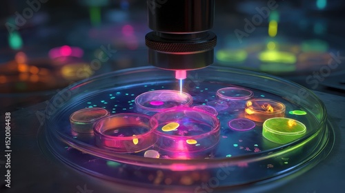 Microscopic View of Bioengineered Cells Glowing Under Laser