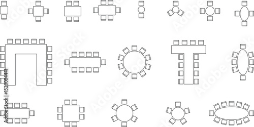 Seat plan icon set, Home, restaurant, seminar, school, top view, chair and table, architectural plan with blueprint, customizable stroke, vector, illustration