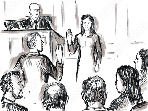 Pastel pencil pen and ink sketch illustration of a courtroom trial setting with judge and female defendant, plaintiff, witness on the stand taking the oath being sworn in court of law.