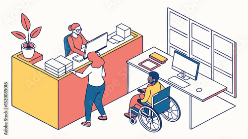 Inclusive workplace office accessibility employee desk reception disability illustration design