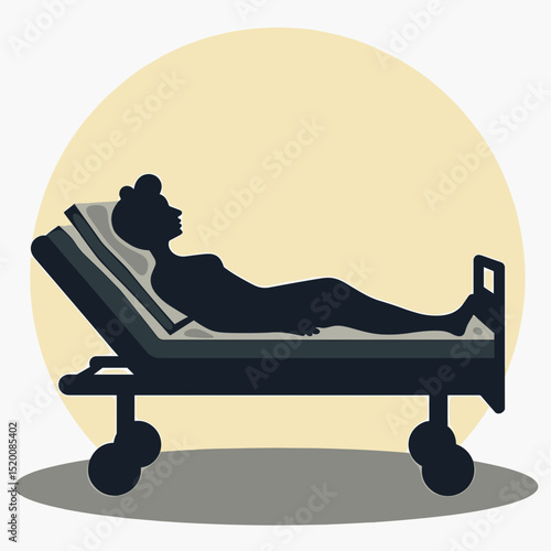 Woman lying on hospital bed in minimalistic style with yellow background  