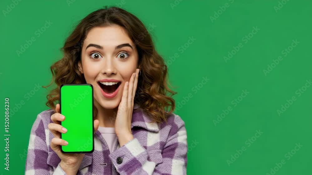 Happy Woman Holding Smartphone with Green Screen App Promotion and User Reaction for Product Launch Happy Woman Holding Smartphone with Green Screen App Promotion and User Reaction for Product Launch