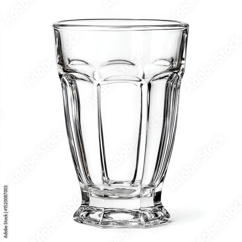 A transparent faceted glass is isolated against a clean white backdrop.