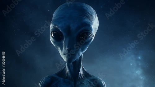 Close-Up of a Realistic Blue Alien Against a Starry Cosmic Background, Sci-Fi Concept.