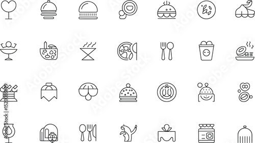 A collection of various food and dining related icons arranged in a grid pattern on a white background