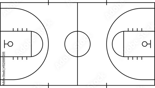 Basketball court with markings. Basketball playground markings with lines on a transparent background. Basketball court in top view. Vector