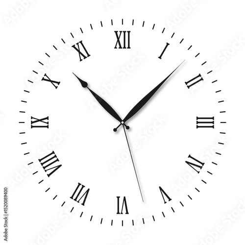Vintage clock face with Roman numerals and retro hands. Victorian clock dial with hands and Roman numbers. Vector