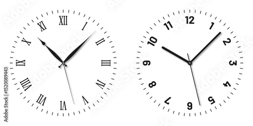 Vintage and modern clock faces with Roman numerals and retro hands. Blank clock dial with hours, minutes, and seconds hands. Victorian clock dial with hands. Roman and modern numbers. Vector