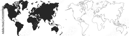 World map on white background. Outline world map. World map template with continents. North and South America, Europe and Asia, Africa and Australia. Vector