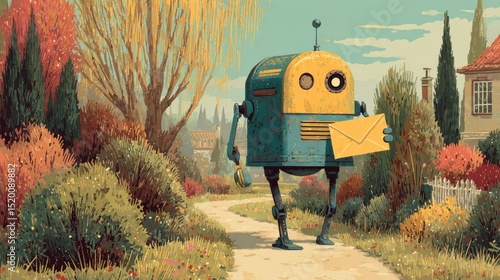 AI mail robot holding envelope on quiet suburban path