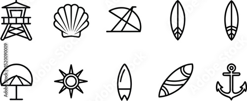 A collection of beach themed line art icons including surfboards and a lifeguard tower on white background