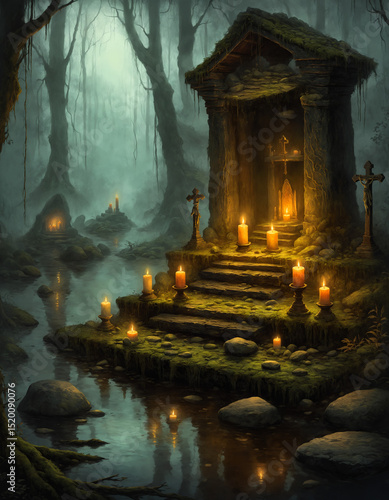 Swamp Shrine with Flickering Candles