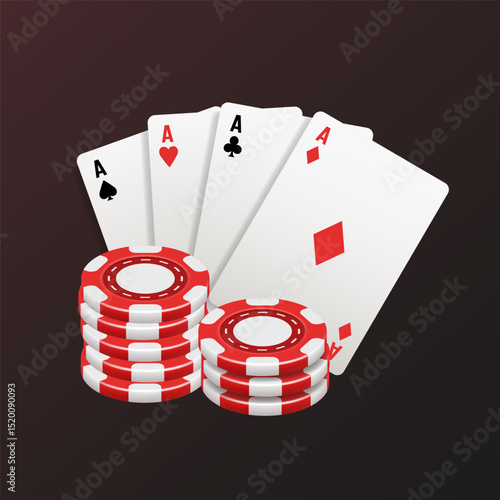Playing cards and chips. Casino illustration. Vector 3d illustration isolated on dark background.