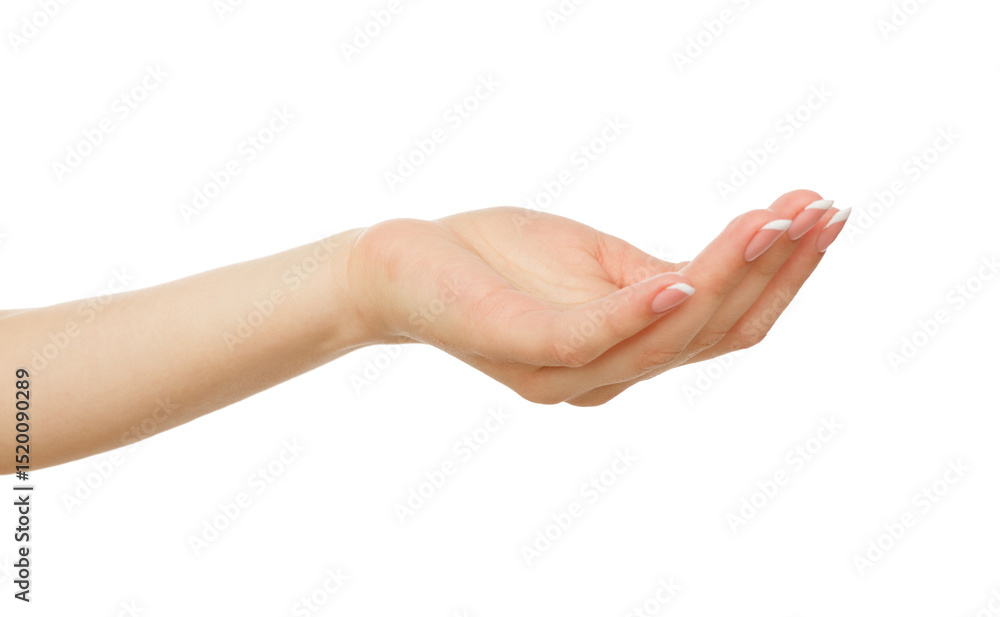 Female hand keeping empty cupped palm, close-up, cutout, isolated on white background. Offering or begging concept. Female hand keeping empty cupped palm, close-up, cutout, isolated on white background. Offering or begging concept.