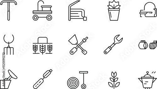 A collection of farming and gardening tools and equipment presented as line art icons on white background
