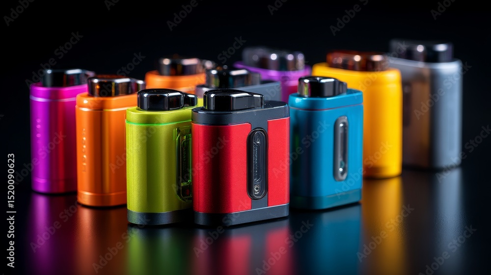 Fototapeta premium Colorful electronic vaping devices arranged on a reflective surface, showcasing modern design.