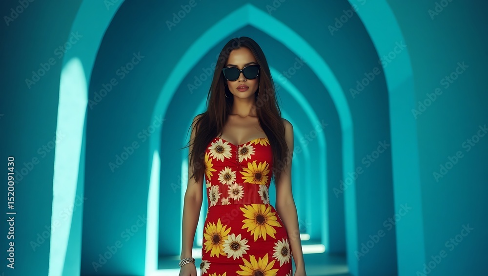 Fototapeta premium Elegant woman posing by the window in stylish summer fashion