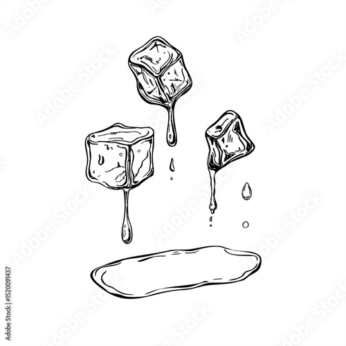 Monochrome melting ice cube with falling drops and water puddle vector illustration. Crystal freezer brick in clear liquid black and white sketch. For cocktail packaging, refreshing summer concept