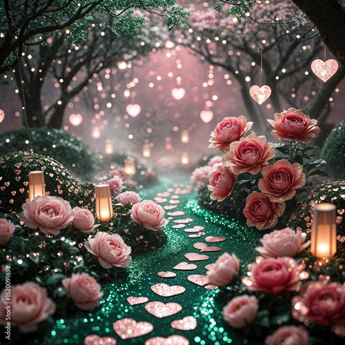 Detalle de un sendero de jardín cubierto de purpurina brillante, rodeado de rosas y con un fondo desenfocado de luces de corazón.