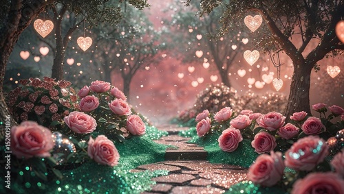 Sendero de jardín romántico iluminado por suaves luces de corazón y bordeado por exuberantes rosas rosadas, creando una atmósfera mágica.
