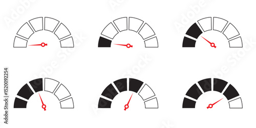 Speed signs. Speedometer black icons set. Speed indicators with arrows. Fast speed. Internet speed, gauge, dashboard, indicator, tachometer, scale. Credit score indicator. Risk levels meter icon