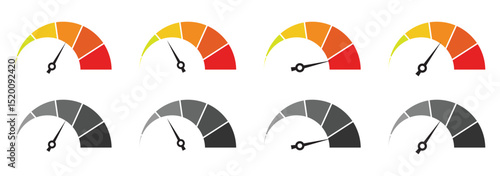 Speedometer icon set. Set of gauges from low to high. Risk meter icon set. Risk concept on speedometer. Set of gauges from low to high . eps 10