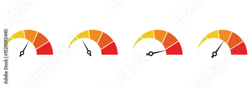 Speedometer icon set. Set of gauges from low to high. Risk meter icon set. Risk concept on speedometer. Set of gauges from low to high . eps 10
