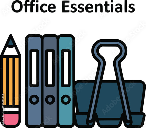 A simple illustration of office supplies including a pencil binders and a binder clip on white background