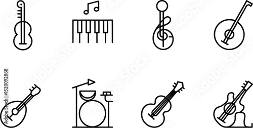A collection of musical instrument icons including guitars piano drums and other stringed instruments
